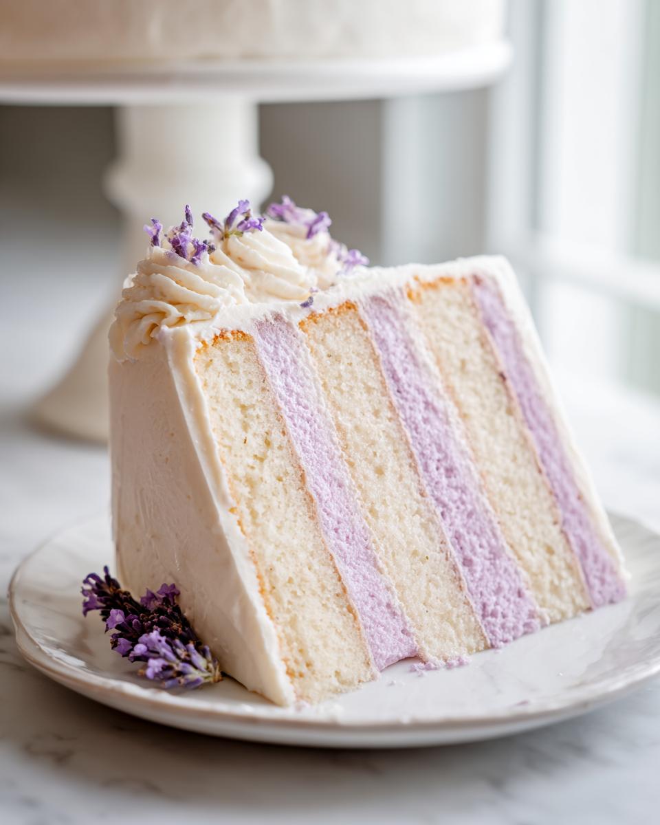 A tall slice of amazing lavender cake with white frosting and purple lavender filling layers.