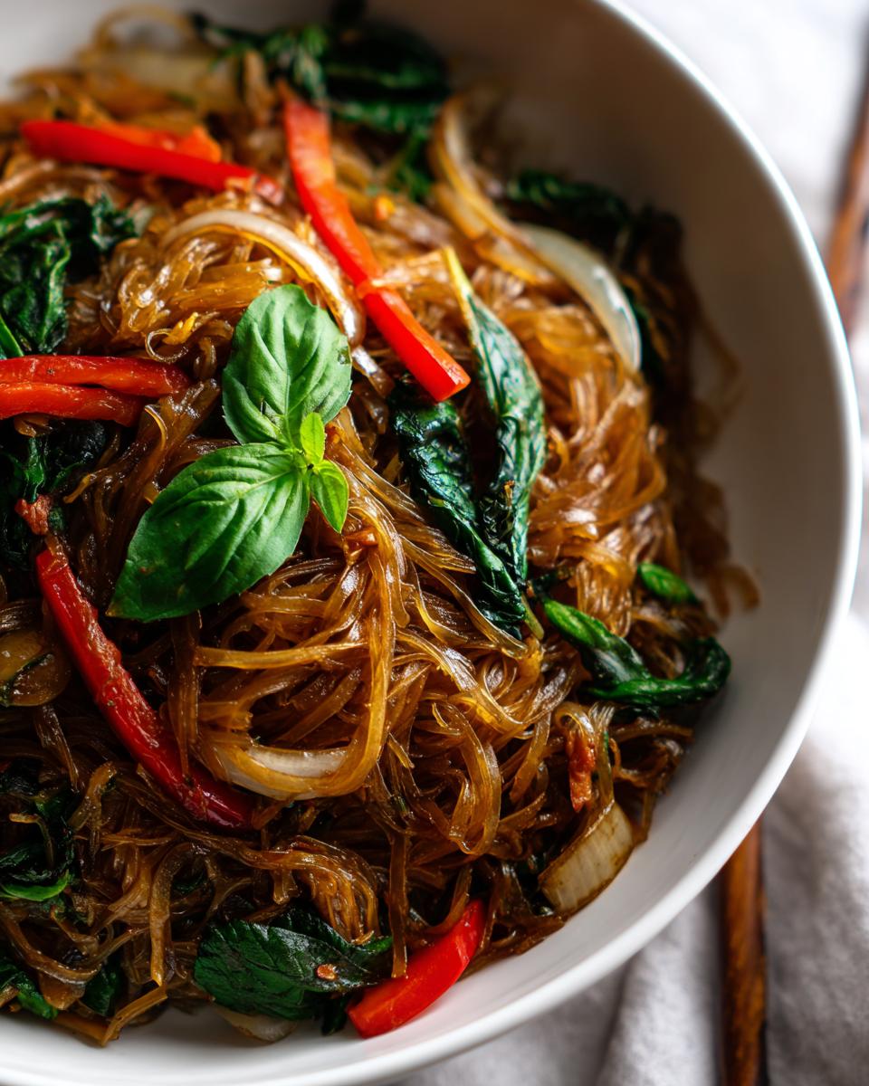 Close-up of a bowl filled with amazing thai drunken noodles, featuring glass noodles, red peppers, and basil.