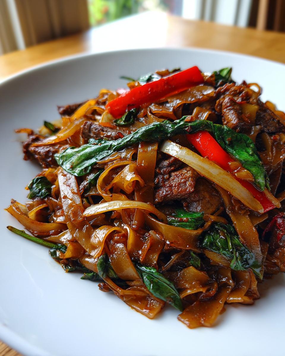 Close-up of a white bowl filled with glossy, dark brown thai drunken noodles, beef, basil, and red chili peppers.