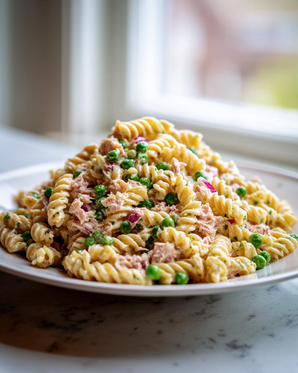 A mound of creamy Tuna pasta salad made with rotini pasta, green peas, and diced red onion on a white plate.