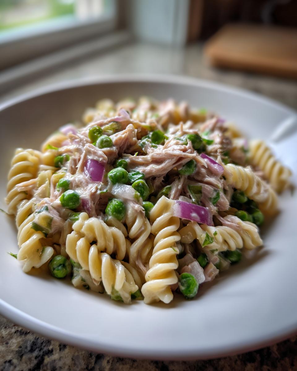 Close-up of a white bowl filled with creamy tuna pasta salad featuring rotini, green peas, and red onion.
