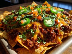 A close-up, appetizing view of walking frito pie loaded with chili, melted cheese, jalapeño slices, and cilantro.