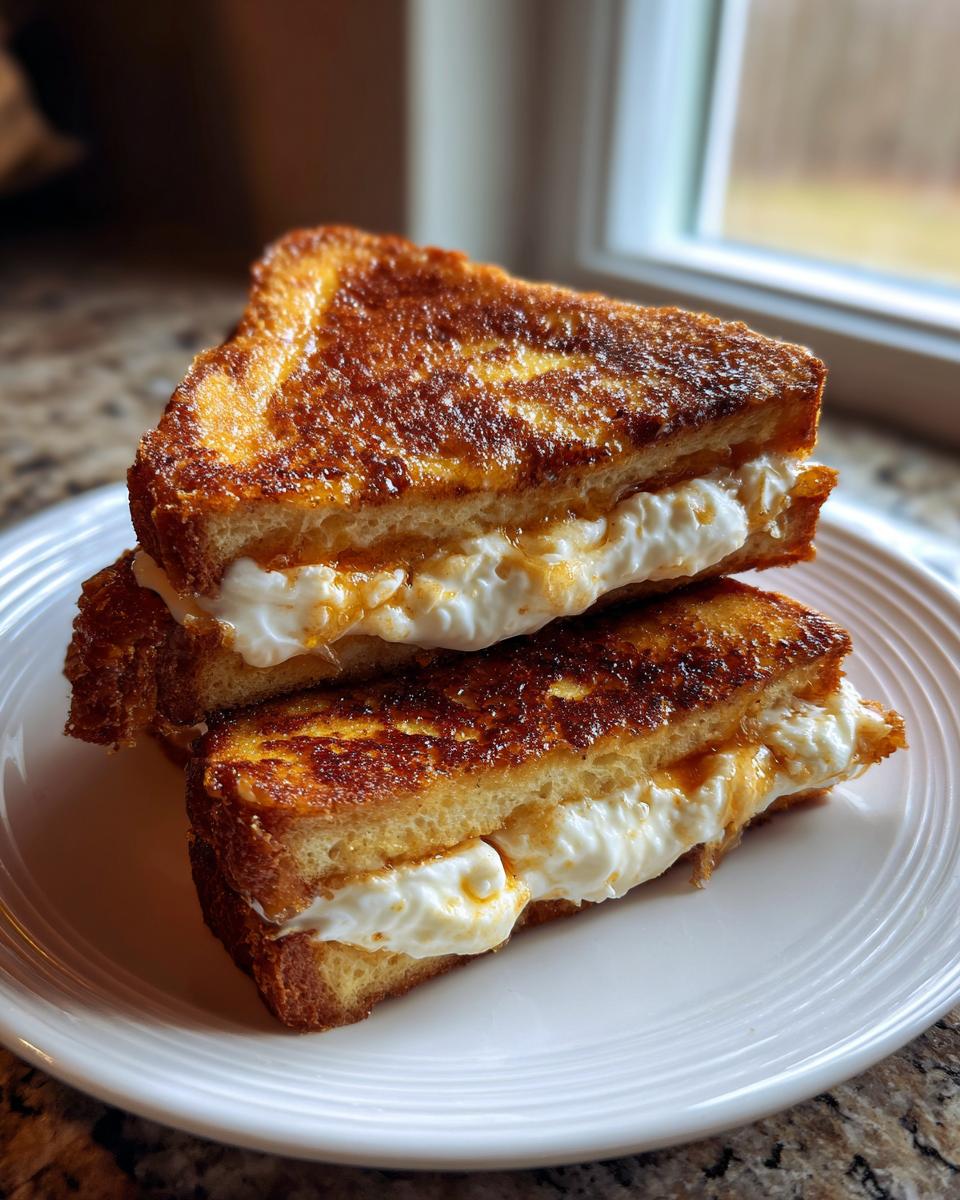 Two halves of apple cinnamon cream cheese stuffed french toast stacked on a white plate.