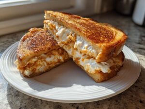 Two halves of golden brown apple cinnamon cream cheese stuffed french toast stacked on a white plate.
