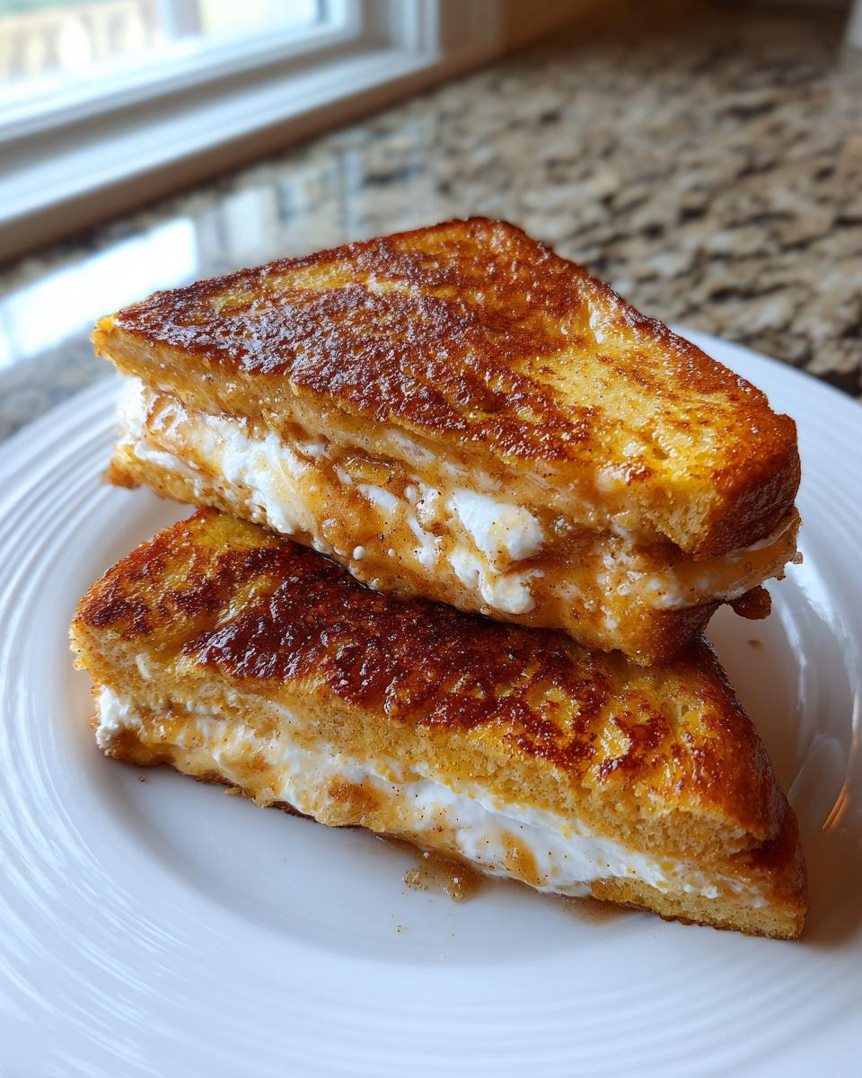 Two golden brown halves of apple cinnamon cream cheese stuffed french toast stacked on a white plate.