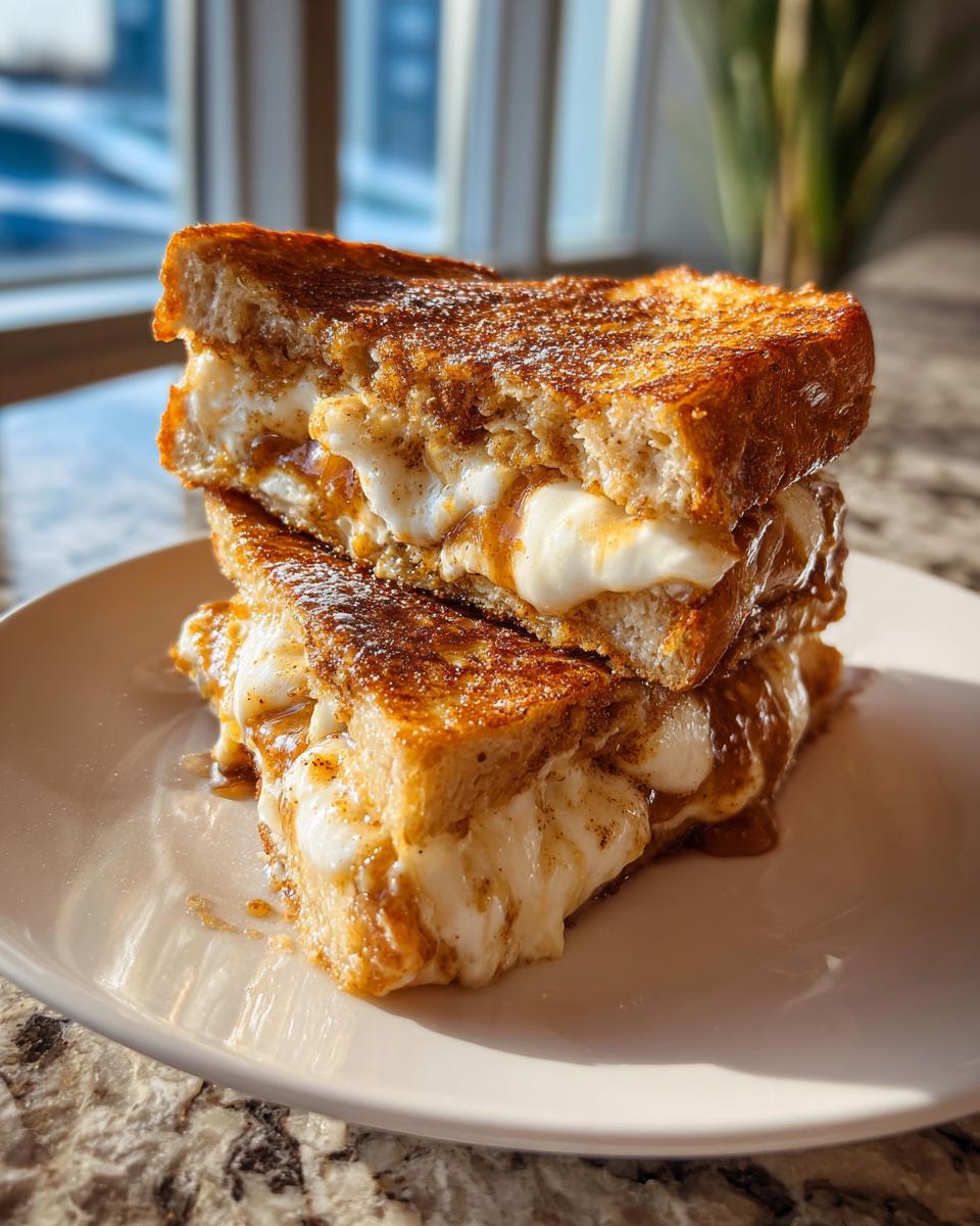 Two halves of apple cinnamon cream cheese stuffed french toast stacked on a plate, oozing filling.