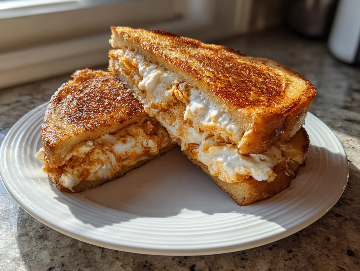 Two halves of golden brown apple cinnamon cream cheese stuffed french toast stacked on a white plate.