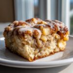 A close-up of a single, square apple pie maple donut bars slice topped with cinnamon filling and white glaze.