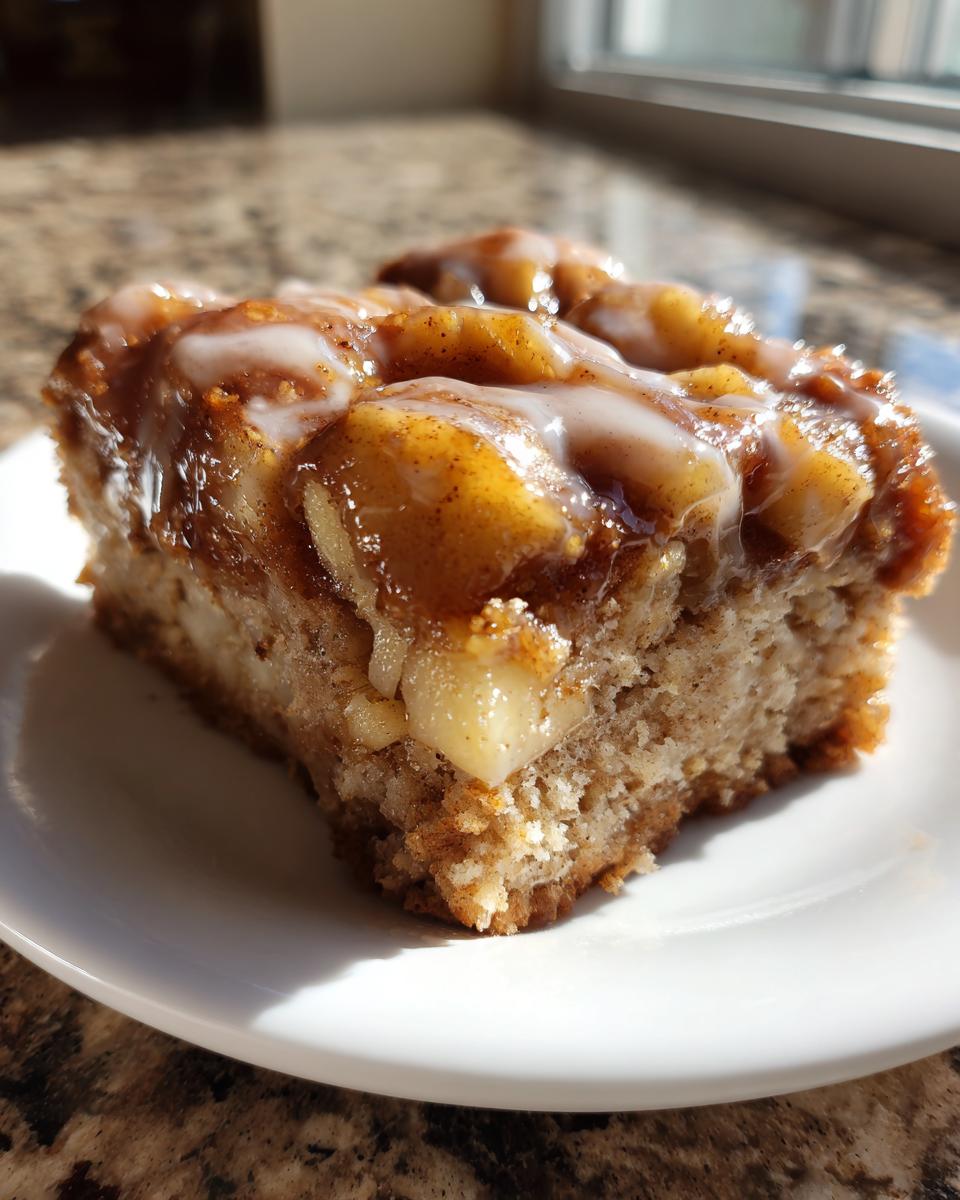 A close-up of a square slice of apple pie maple donut bars topped with cinnamon apples and white glaze.