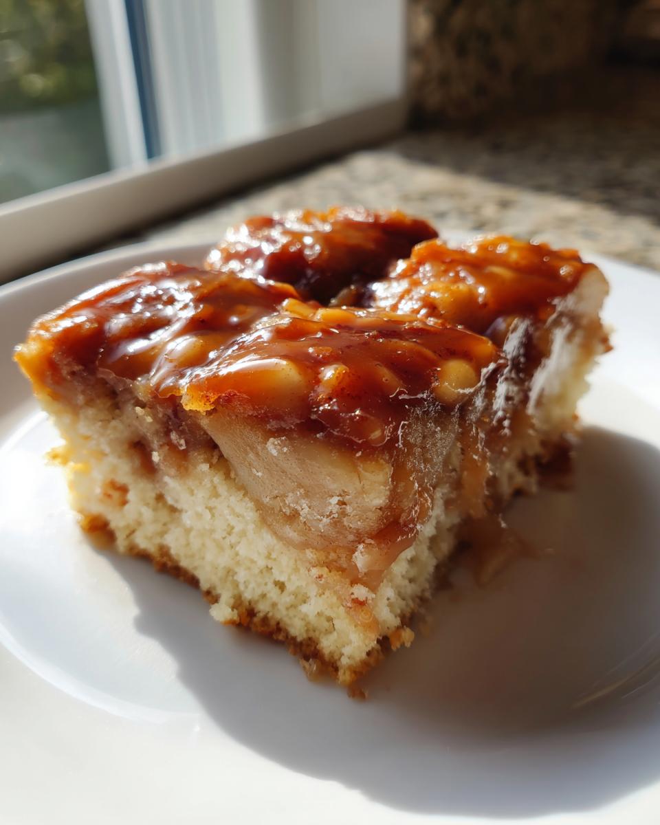 Close-up of a square slice of apple pie maple donut bars featuring a thick, shiny maple-apple topping on a light cake base.