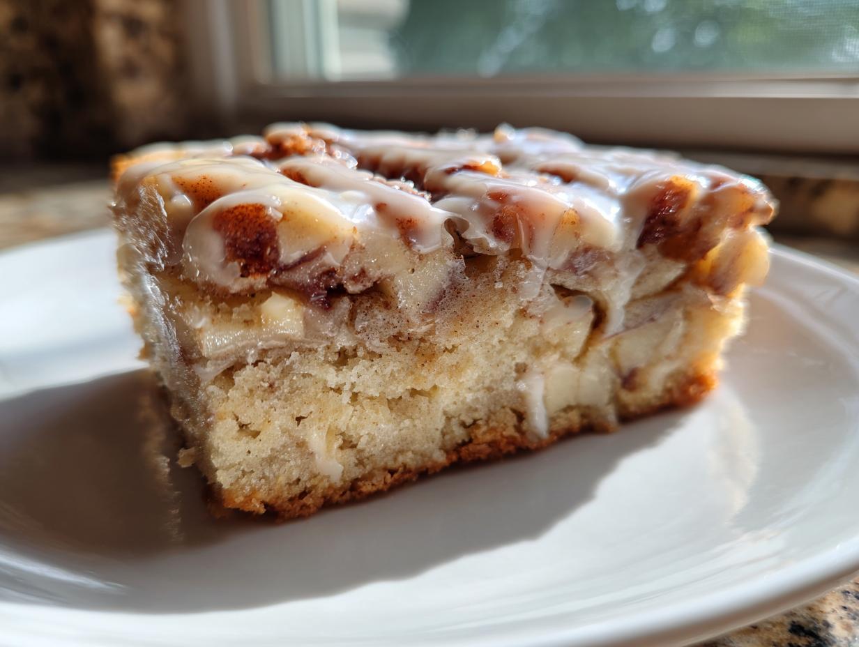 A single square of apple pie maple donut bars topped with a thick, shiny maple glaze, sitting on a white plate.