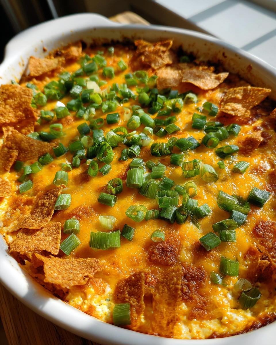 Close-up of a baked chili cream cheese dip topped with melted cheddar and fresh green onions.