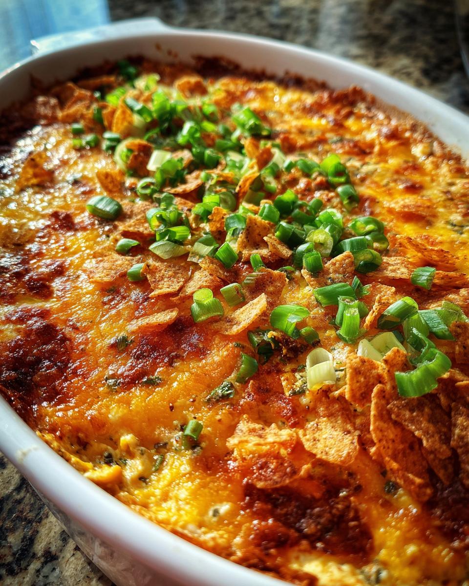 Close-up of a hot, baked chili cream cheese dip topped with crushed chips and fresh green onions.