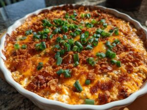 Close-up of a baked chili cream cheese dip, topped with melted orange cheese, crispy crumbs, and fresh green onions.