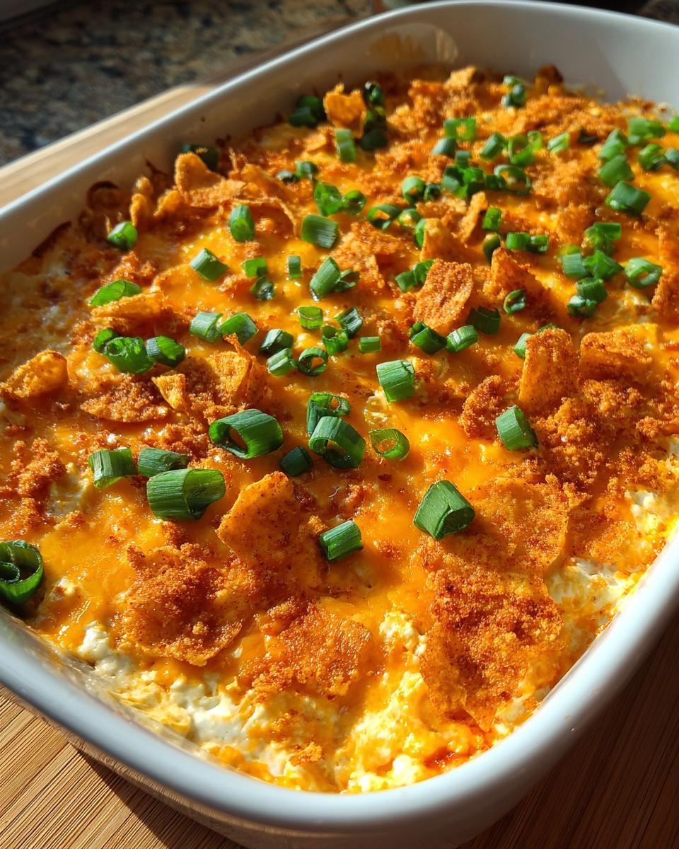 Close-up of baked chili cream cheese dip topped with melted cheddar, crushed chips, and green onions.