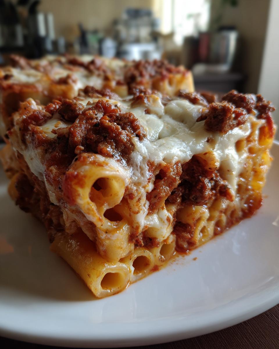 Close-up of a square serving of baked ziti, featuring tubular pasta, rich meat sauce, and melted mozzarella cheese.