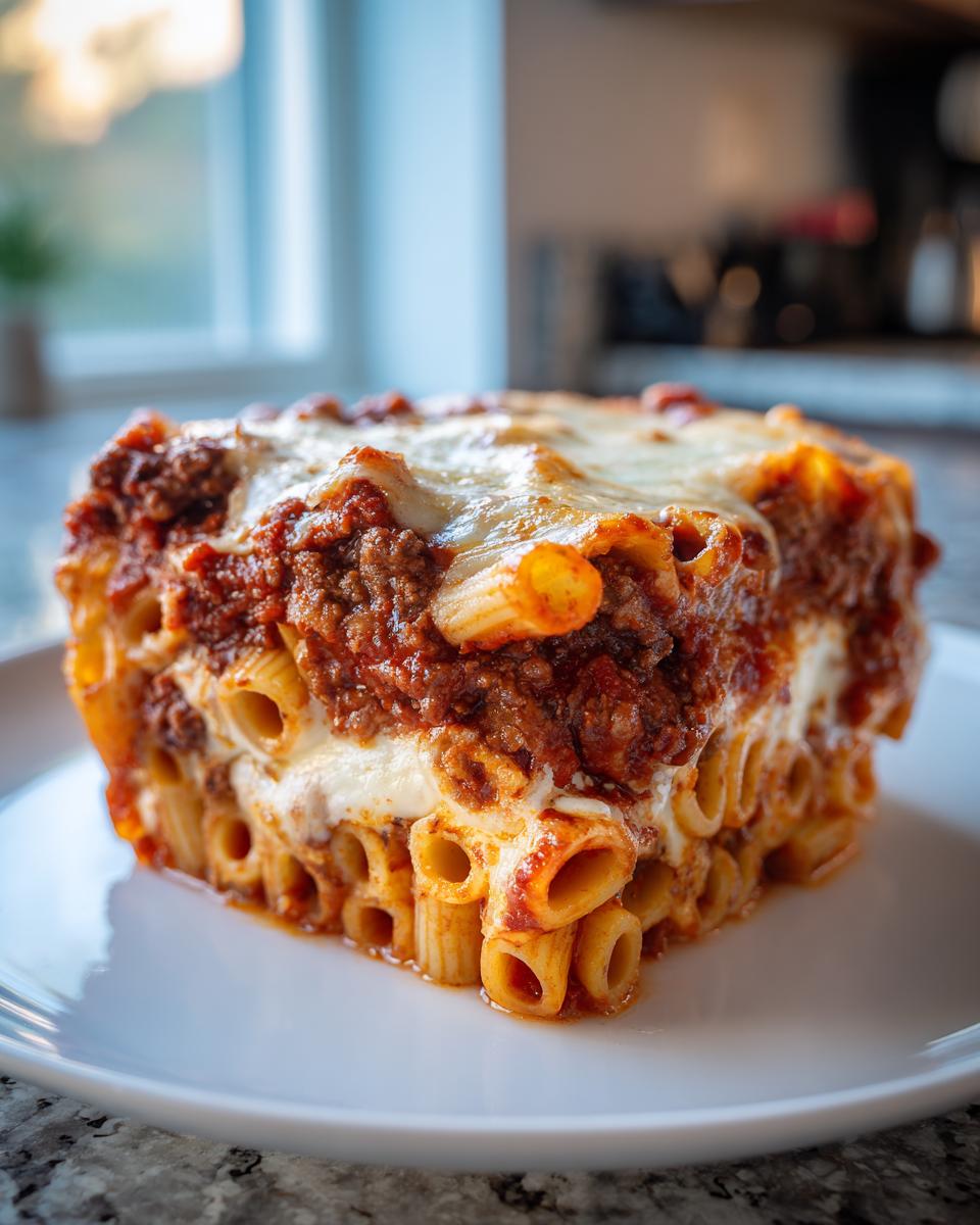 A thick, square slice of baked ziti layered with meat sauce and melted mozzarella cheese, served on a white plate.