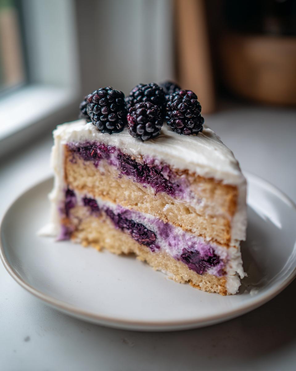 A slice of layered blackberry lavender cake topped with fresh blackberries on a white plate.