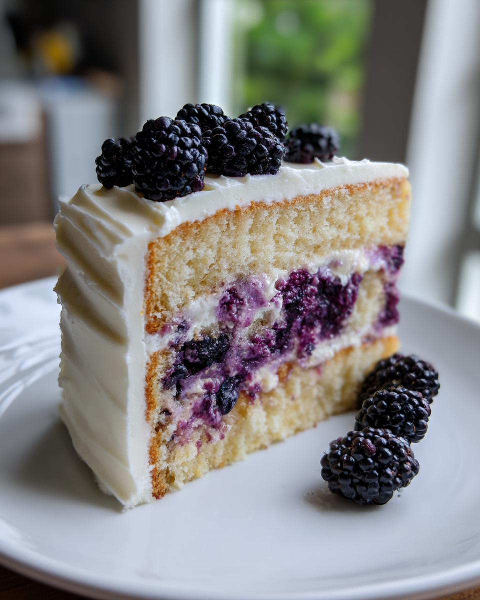 A slice of moist blackberry lavender cake with white frosting, filled with blackberry compote, topped with fresh blackberries.