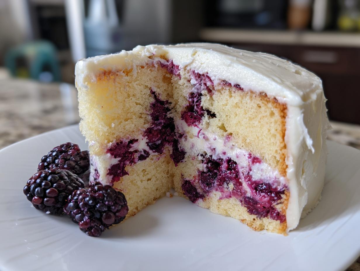 A slice of moist blackberry lavender cake filled with purple blackberry filling and topped with white frosting, served with fresh blackberries.