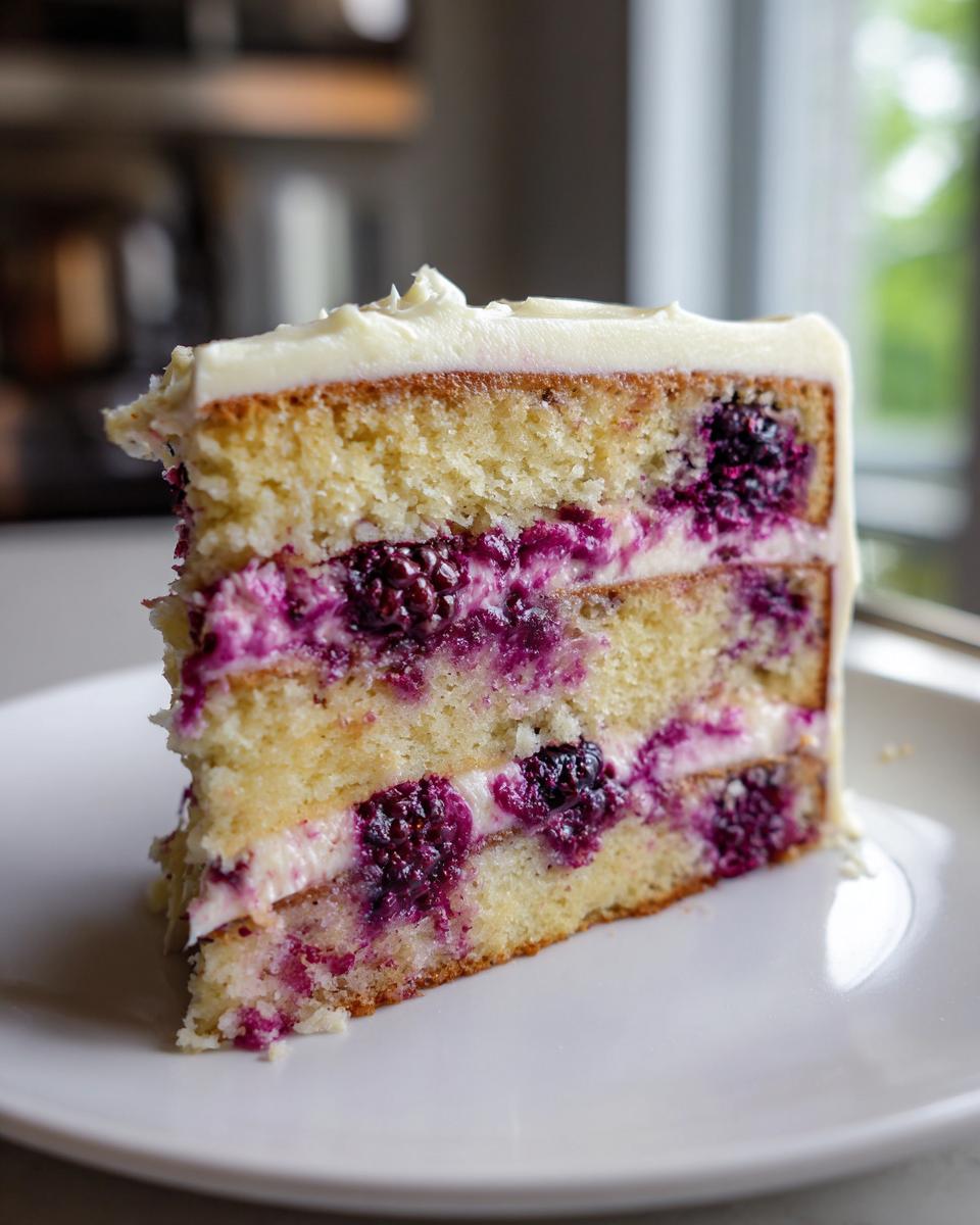A tall slice of blackberry lavender cake showing three layers of yellow cake filled with blackberry cream.