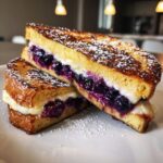Two halves of golden brown blueberry and cream cheese stuffed french toast dusted with powdered sugar.