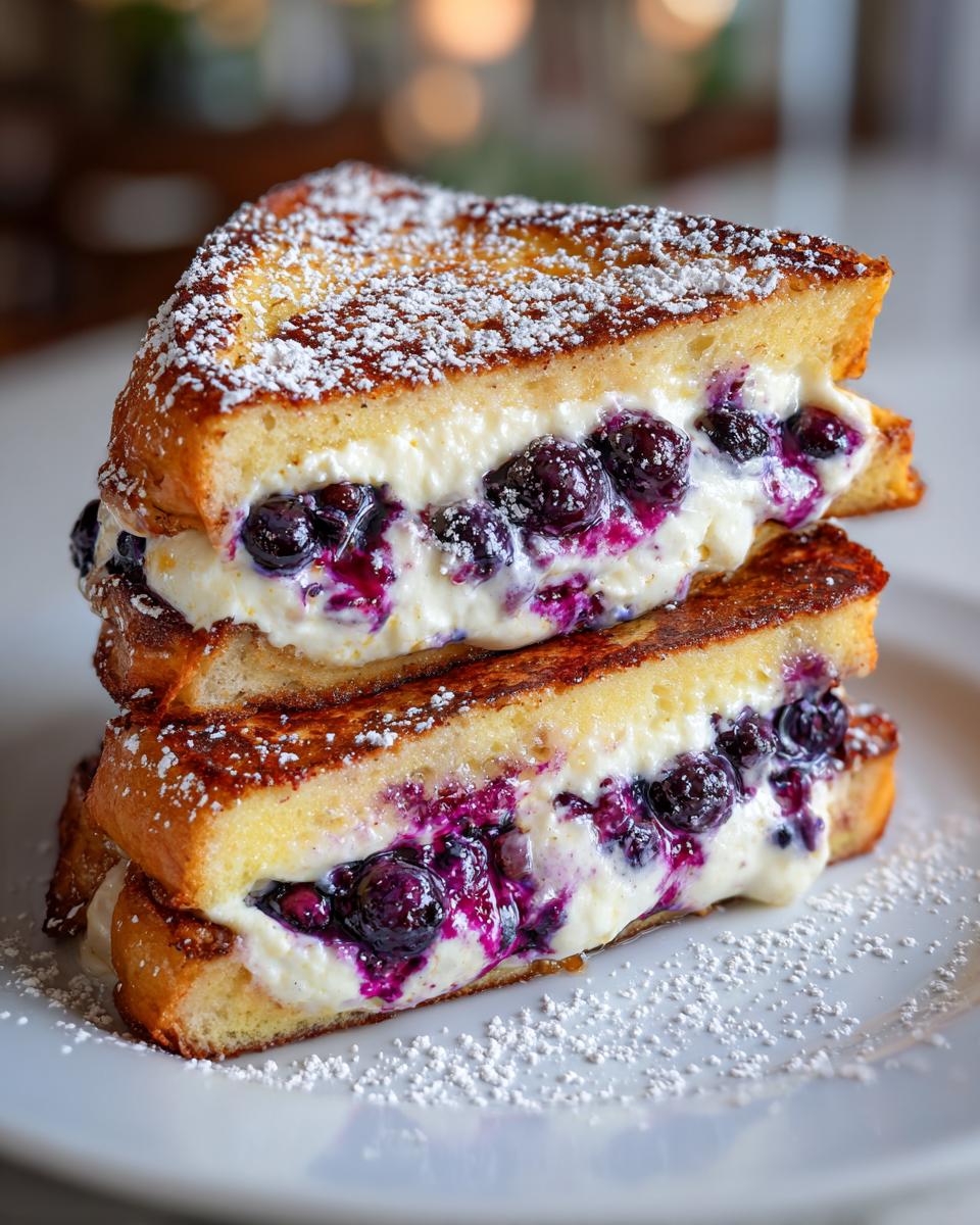 Two halves of blueberry and cream cheese stuffed french toast stacked, dusted with powdered sugar.