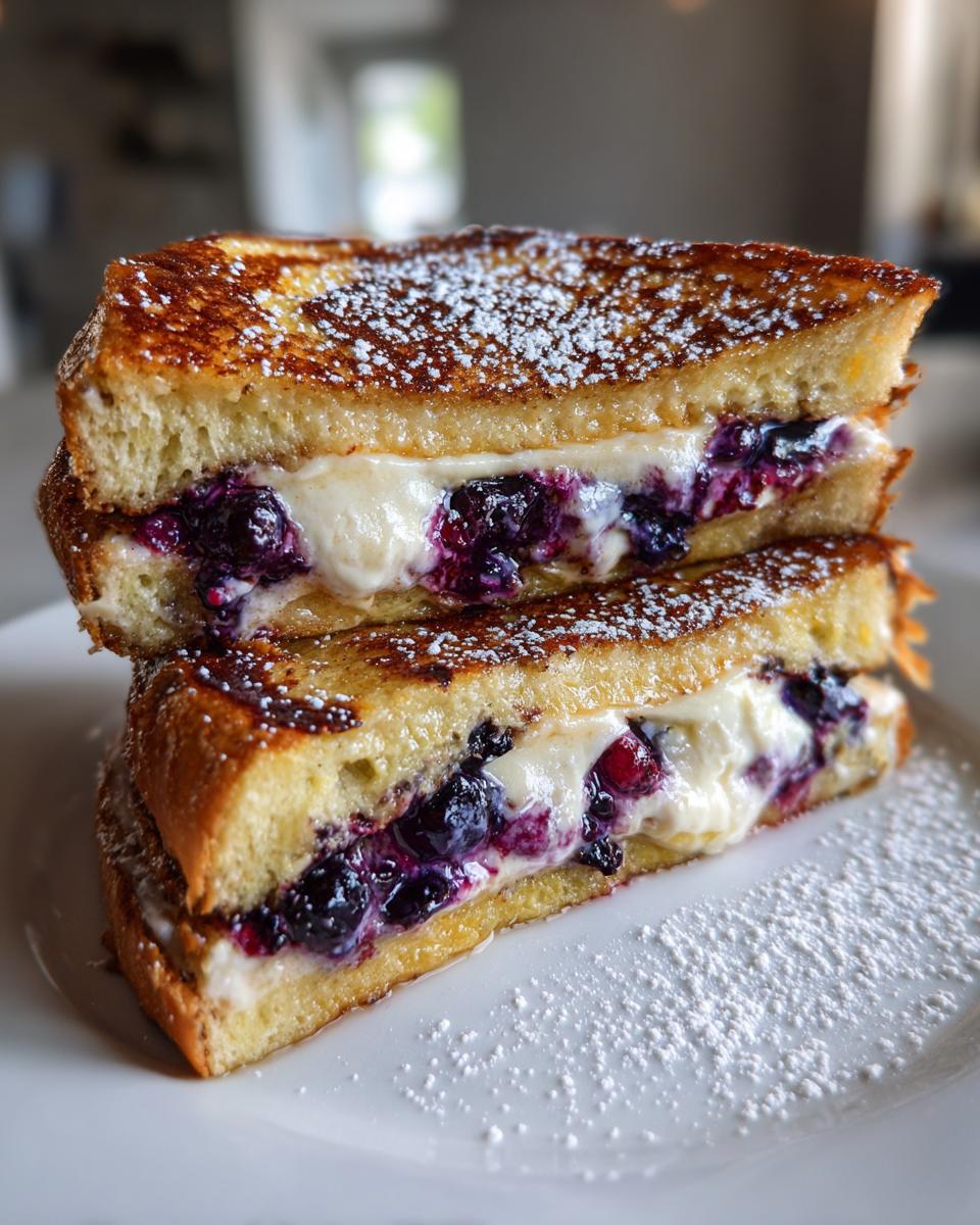 Two halves of blueberry and cream cheese stuffed french toast stacked, dusted with powdered sugar.