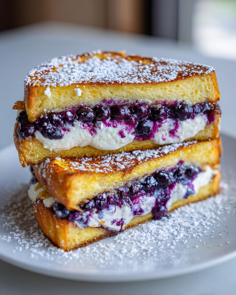 Two halves of blueberry and cream cheese stuffed french toast stacked and dusted with powdered sugar.