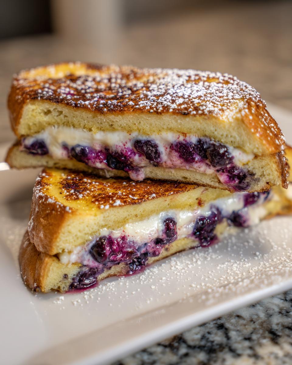 Two halves of blueberry and cream cheese stuffed french toast stacked, dusted with powdered sugar.
