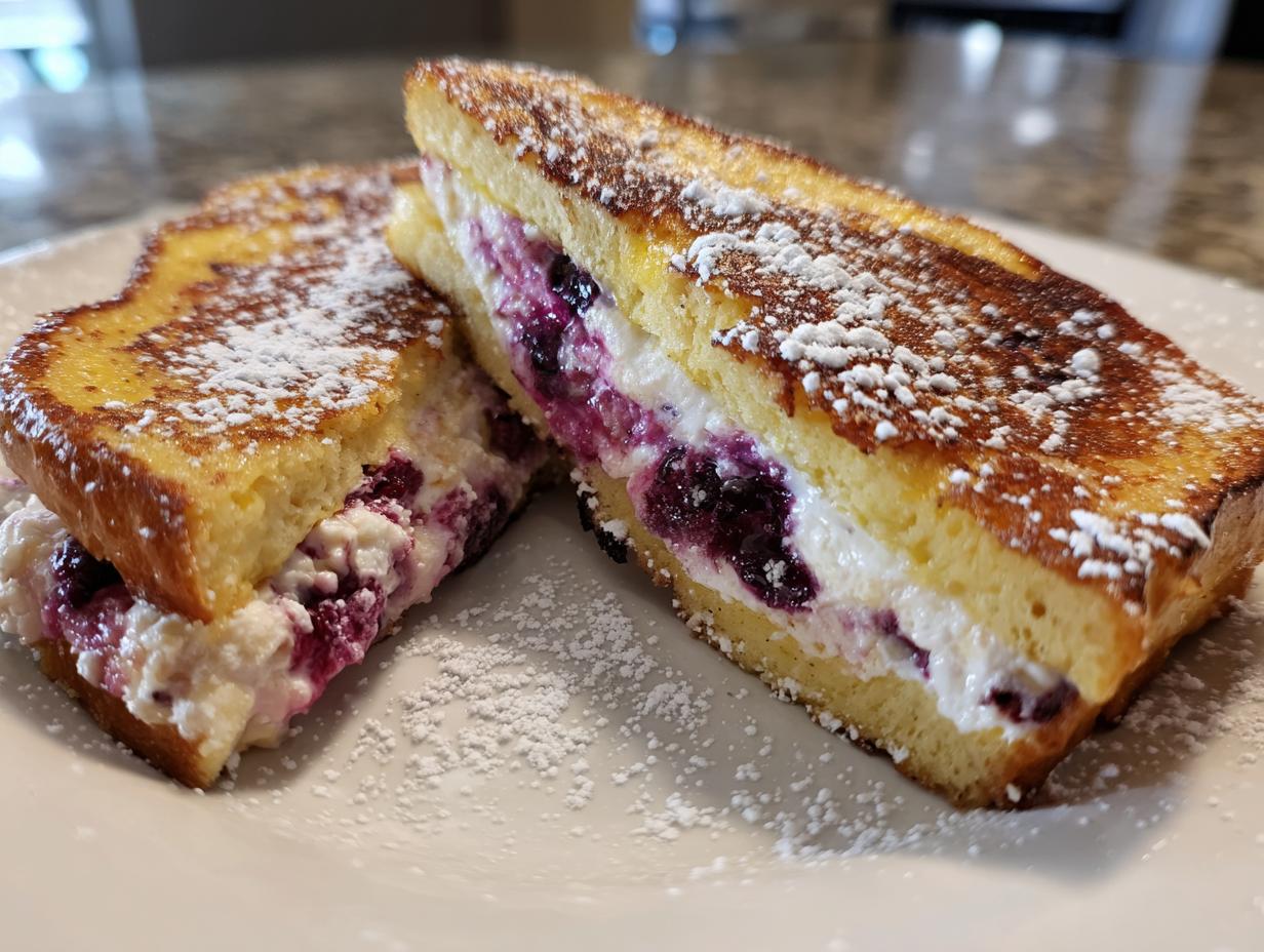 Two halves of blueberry and cream cheese stuffed french toast dusted with powdered sugar.