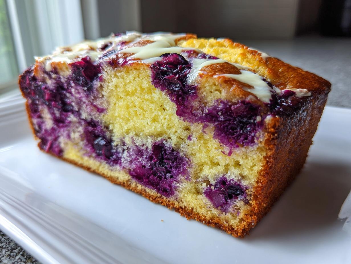 Close-up of a moist slice of blueberry cream cheese bread loaf showing bright yellow cake studded with dark purple blueberries and topped with white glaze.