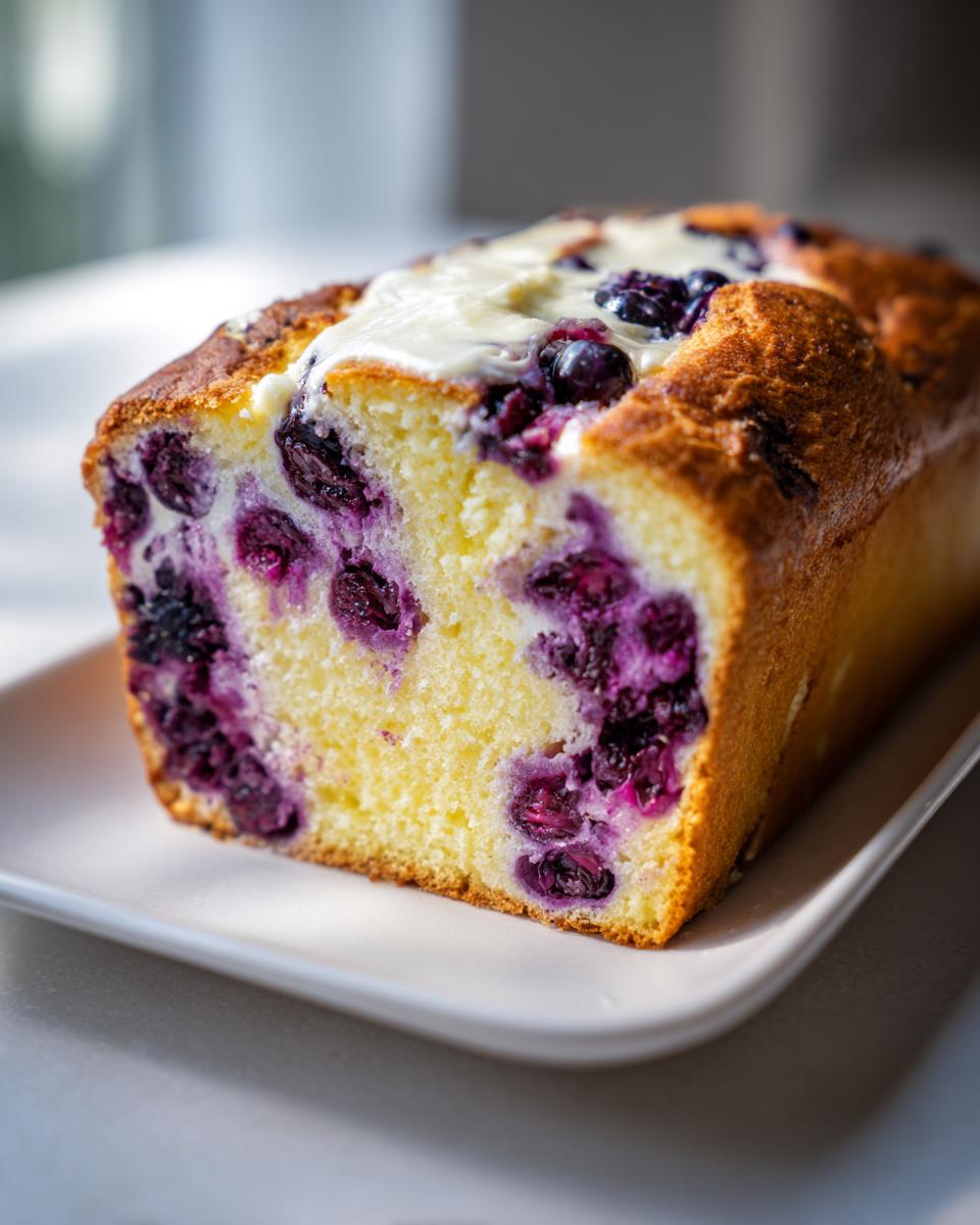 A close-up view of a slice of golden blueberry cream cheese bread loaf, showing rich purple blueberries throughout the crumb.