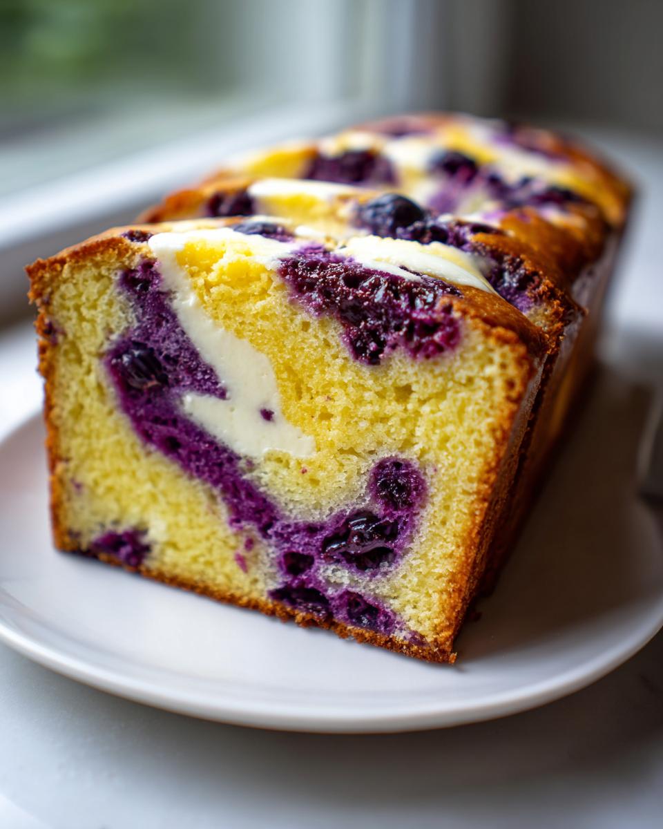 Close-up of a thick slice of blueberry cream cheese bread loaf showing vibrant purple blueberries and white cream cheese swirls in the yellow cake.