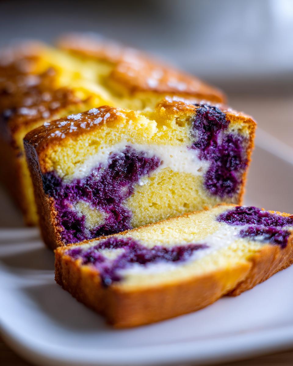 Close-up of a sliced blueberry cream cheese bread loaf showing bright yellow cake, purple blueberries, and a white cream cheese swirl.
