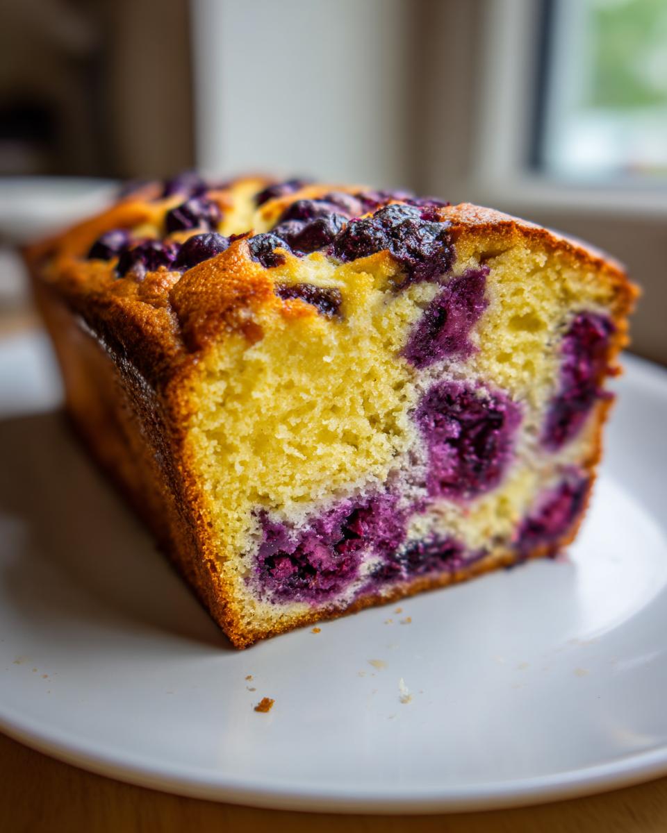 Close-up of a slice of moist blueberry cream cheese bread loaf showing bright yellow cake and deep purple blueberries.