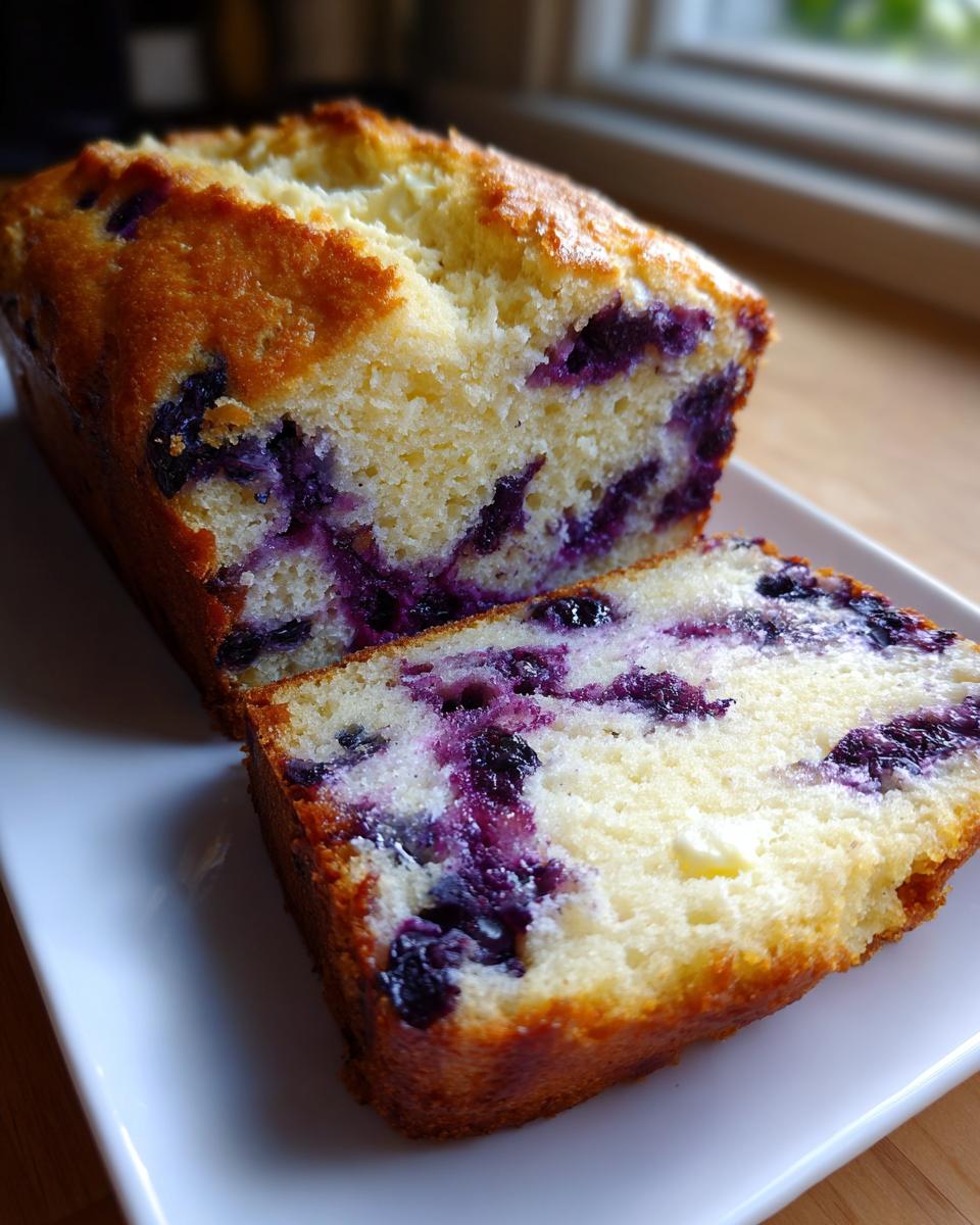 Close-up of a moist Blueberry Cream Cheese Bread loaf with one thick slice cut and resting against the main loaf on a white plate.