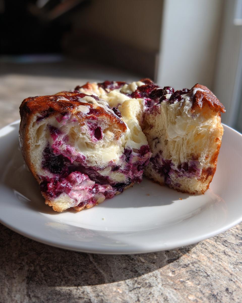 A close-up of blueberry cream cheese bread pudding cut in half, showing rich purple filling and soft bread.