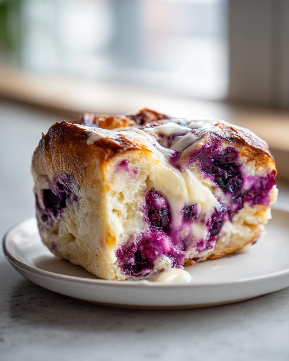 Close-up of a single serving of blueberry cream cheese bread pudding, showing soft bread, bright purple blueberries, and a thick cream cheese glaze.