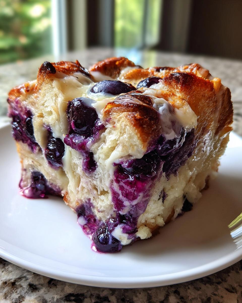 A close-up of a moist slice of blueberry cream cheese bread pudding drizzled with white icing on a white plate.