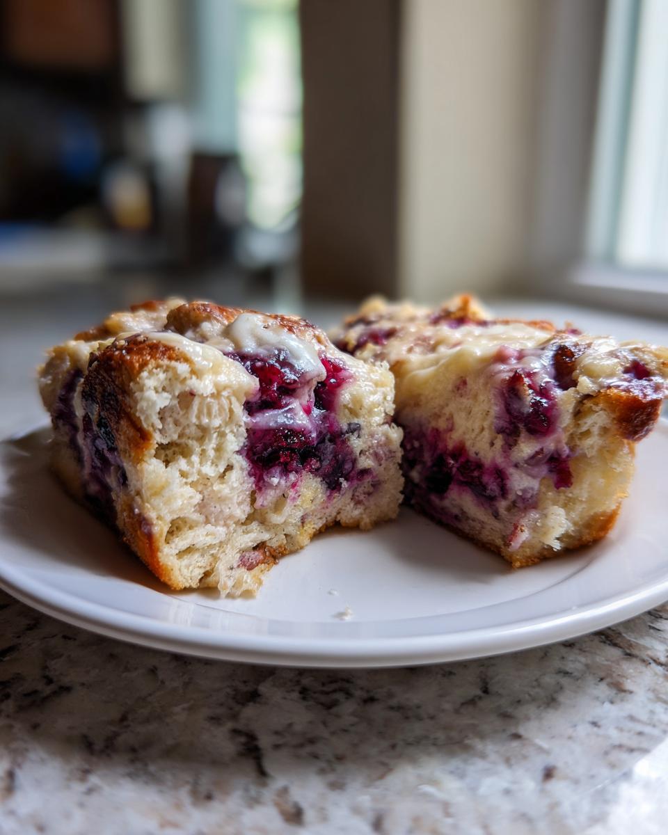 Two moist slices of blueberry cream cheese bread pudding featuring rich purple berries and a light glaze on a white plate.