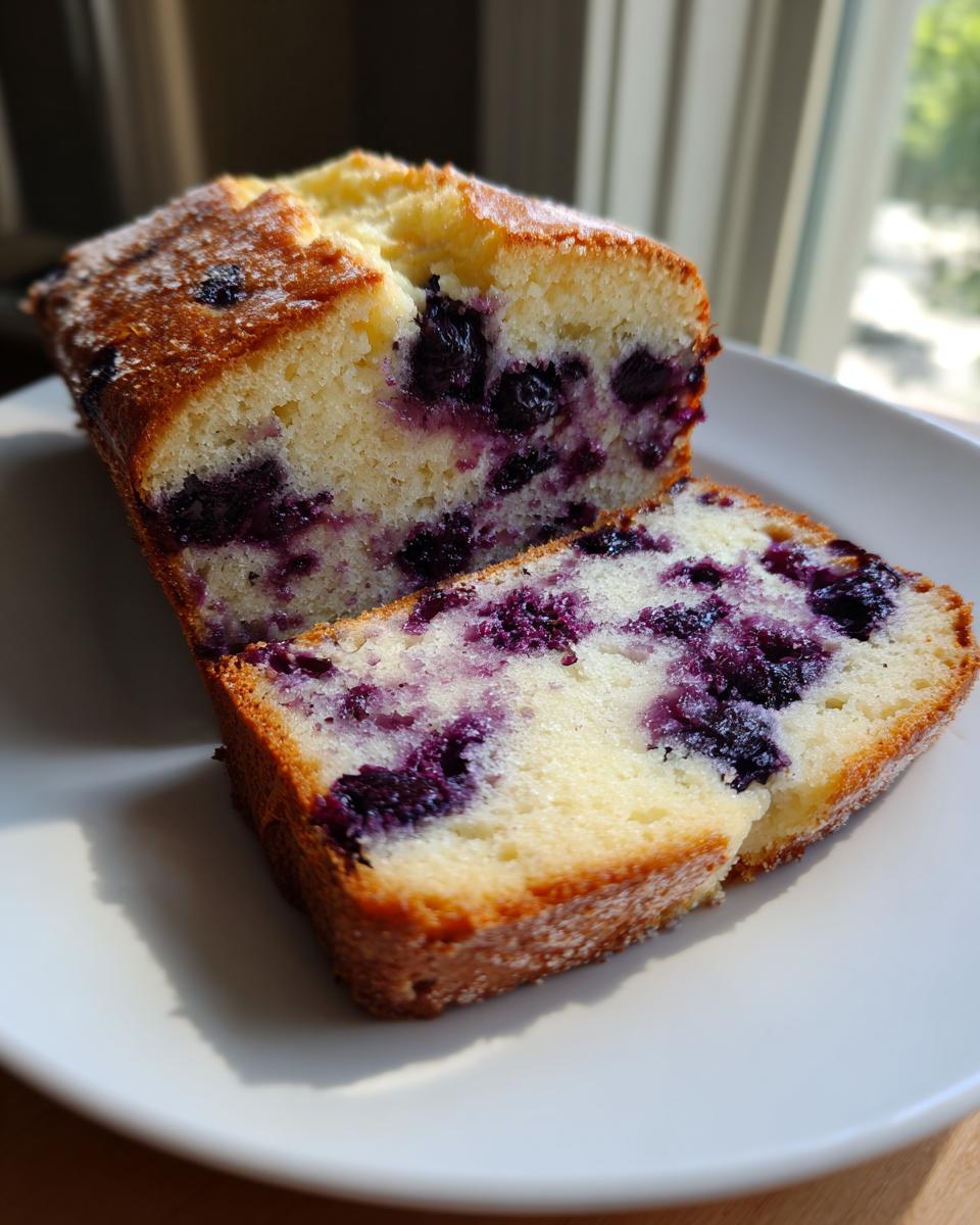 Close-up of moist Blueberry Cream Cheese Bread loaf, partially sliced, showing rich purple blueberries in the light yellow crumb.