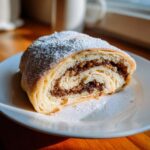 A cross-section slice of buttery Italian nut roll cookies, showing the swirl of nut filling and dusted with powdered sugar.