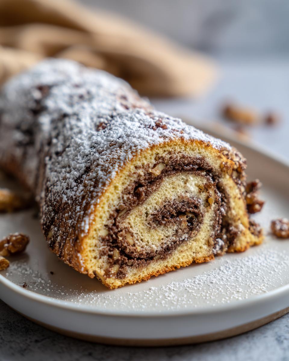 Close-up of a slice of buttery Italian nut roll cookies showing the swirl of chocolate and nut filling, dusted with powdered sugar.