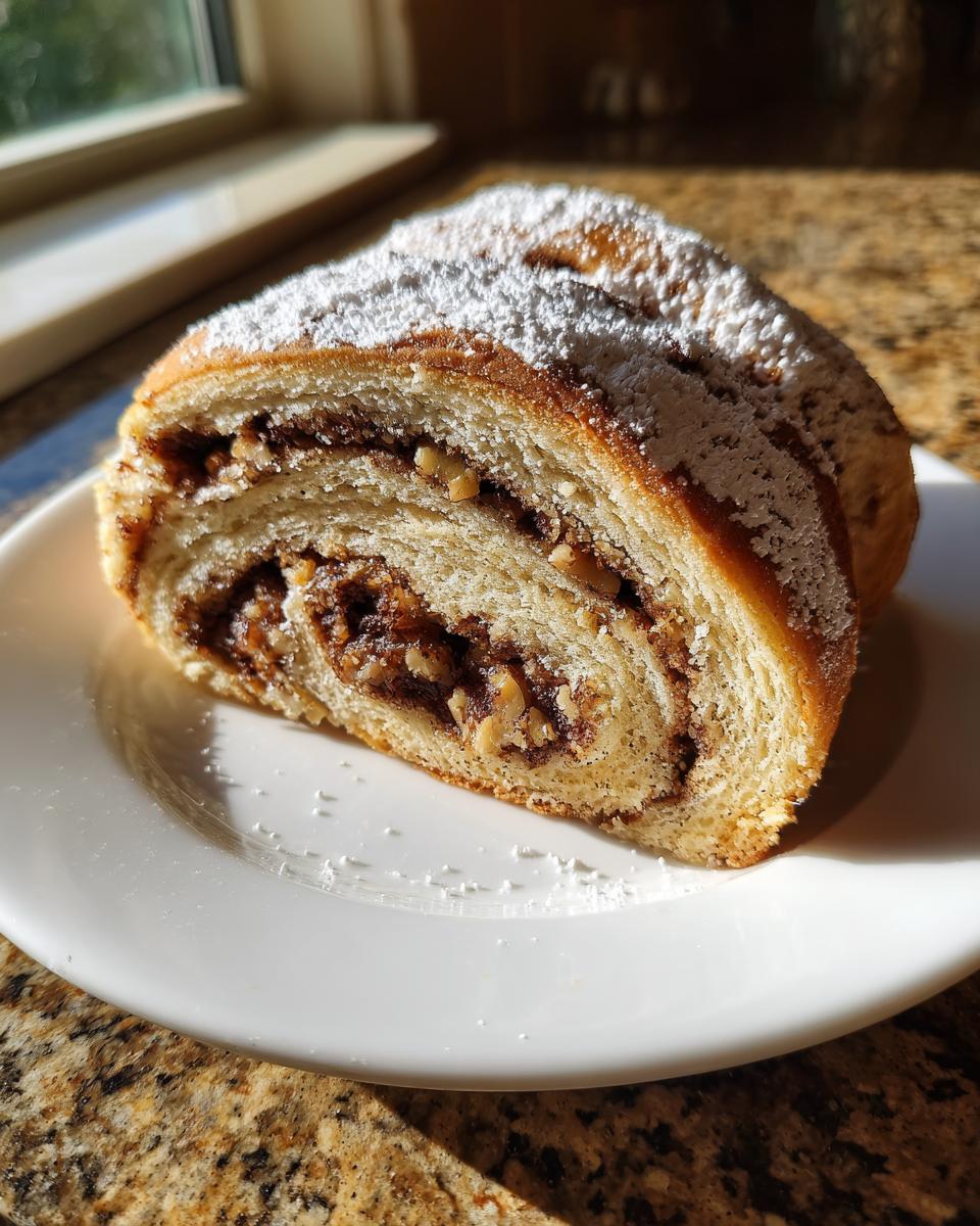 A cross-section slice of buttery Italian nut roll cookies, showing the swirl of nut filling, dusted with powdered sugar.