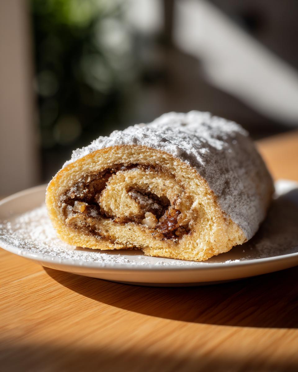 A close-up of a slice of buttery Italian nut roll cookies, filled with nuts and dusted heavily with powdered sugar.