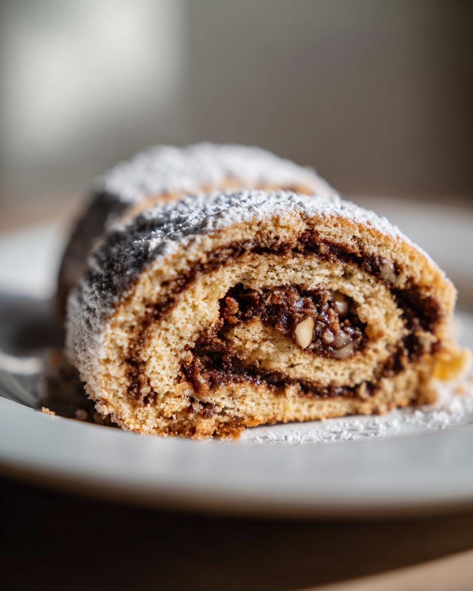 Close-up of a slice of buttery Italian nut roll cookies showing the swirl of nut filling and dusting of powdered sugar.