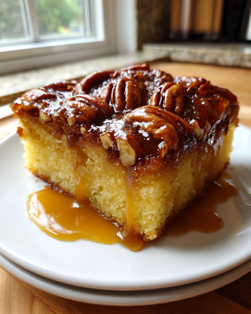 A moist slice of caramel pecan upside down cake topped with glossy pecans and drizzled with extra caramel sauce.