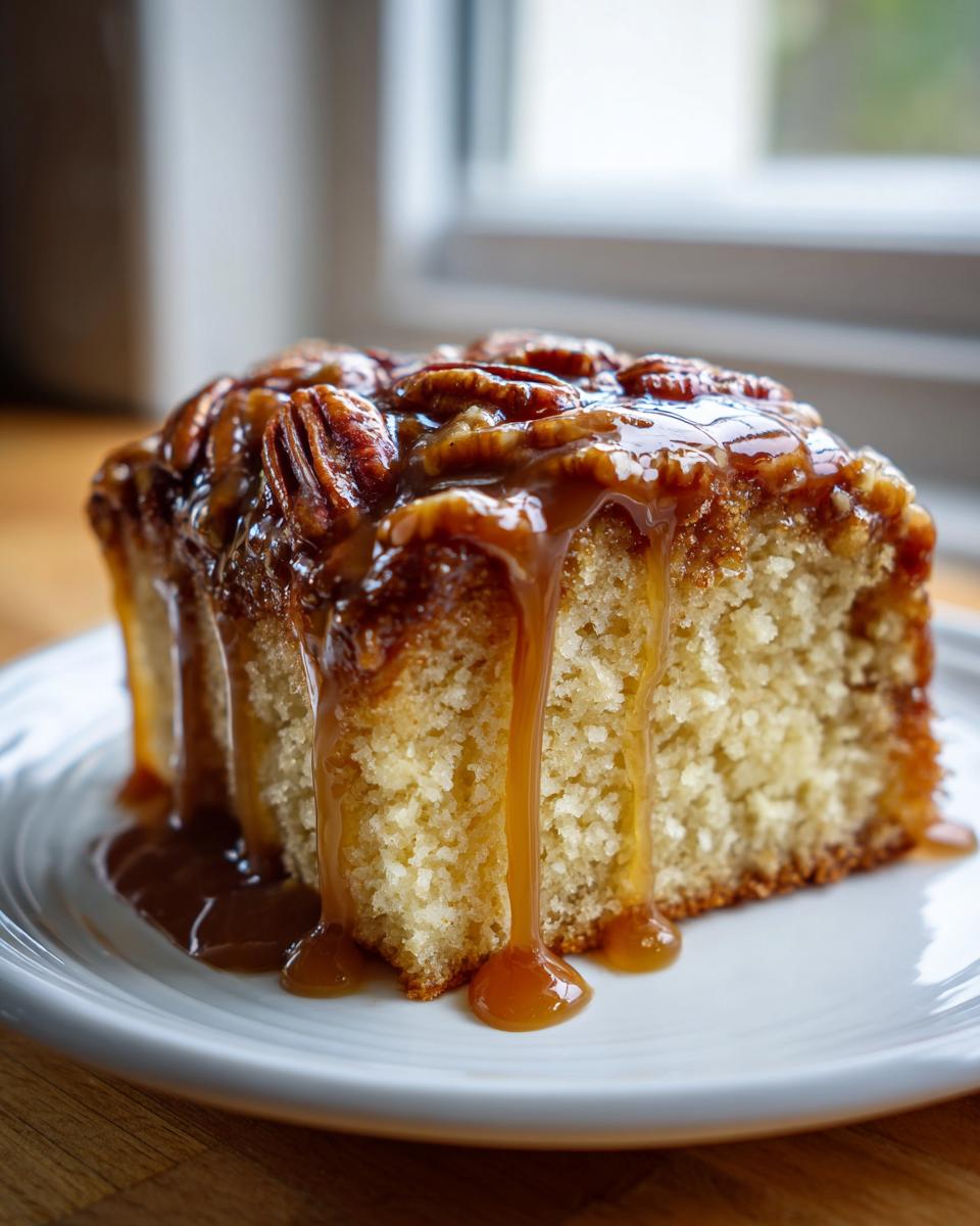 A moist slice of caramel pecan upside down cake dripping with rich caramel sauce.