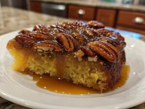 Close-up of a moist slice of caramel pecan upside down cake dripping with sticky caramel sauce.